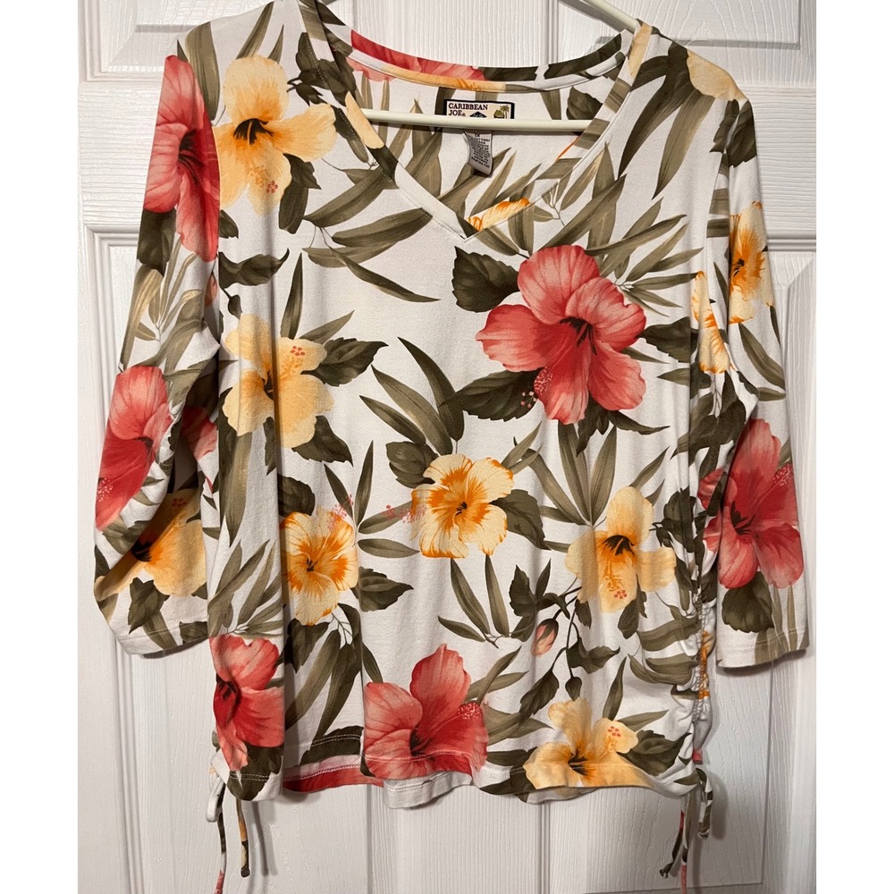 Caribbean Joe Womens 1X Tropical Hibiscus Floral V-Neck 3/4 Sleeve Cinched Top